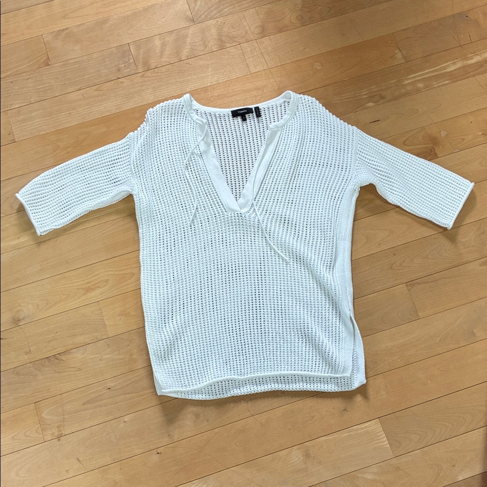 Theory White Open-Weave V-Neck Knit Top